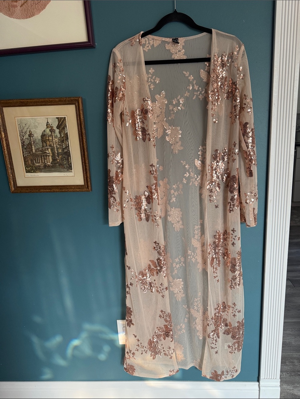 Windsor Rose Gold Sequin Floral Mesh Duster Cardigan